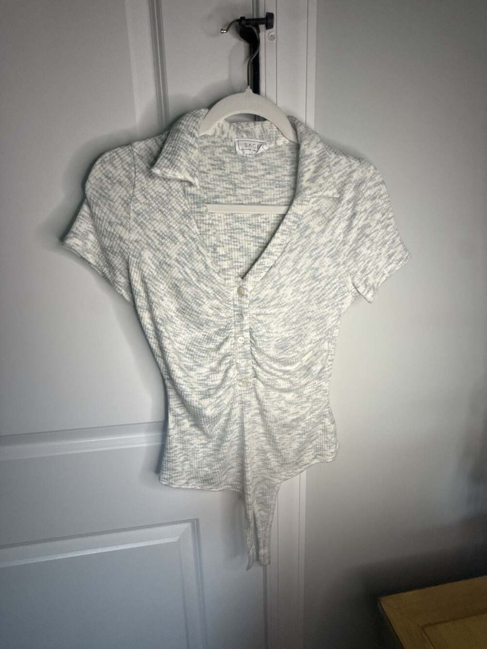 Sage The Label Space Dye Knit Collared Short Sleeve Button Front Top